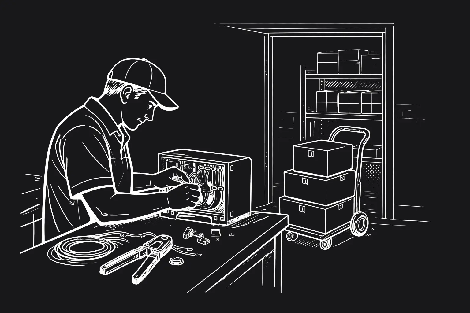 Electrician working at bench with organized storage and delivery in background