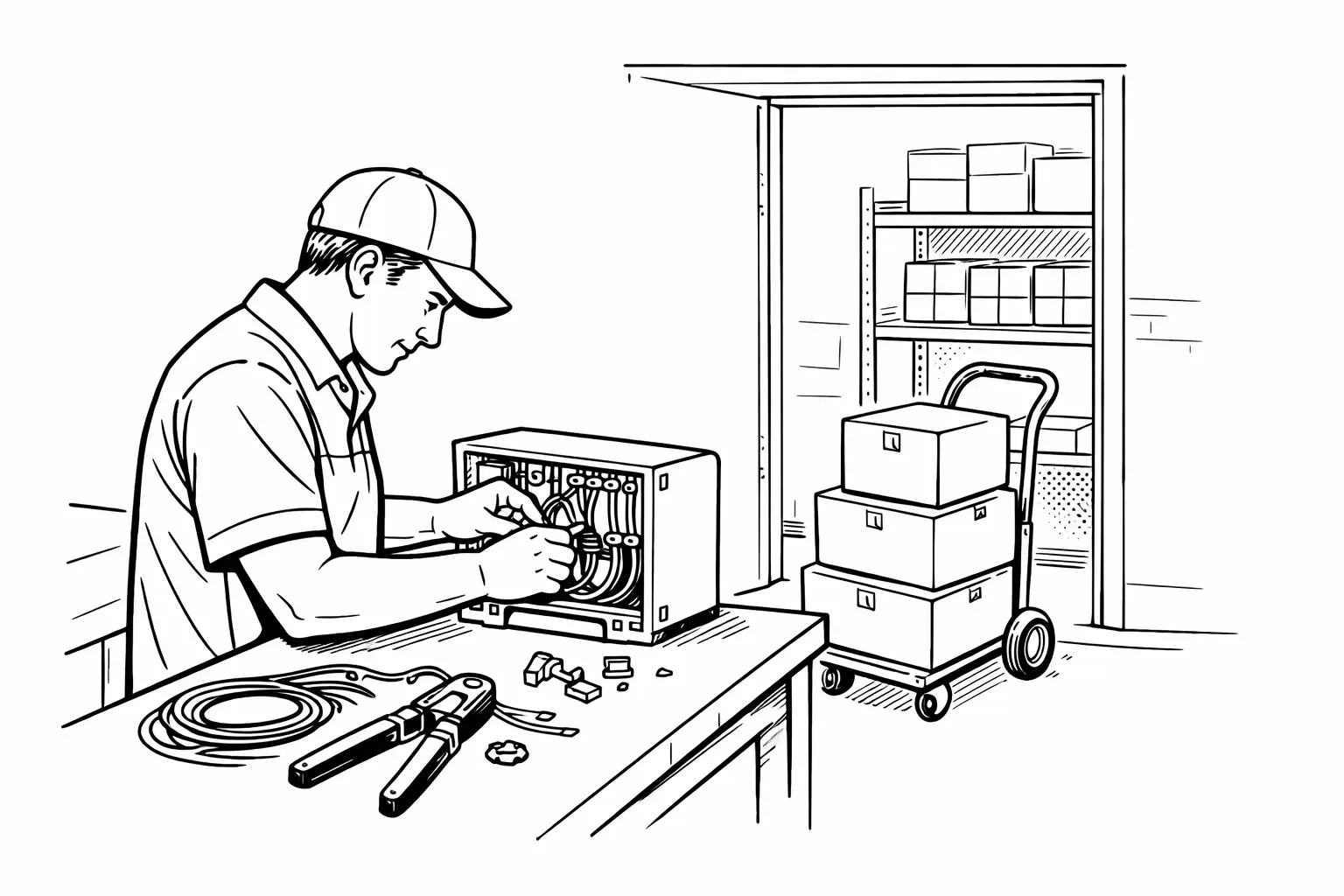 Electrician working at bench with organized storage and delivery in background