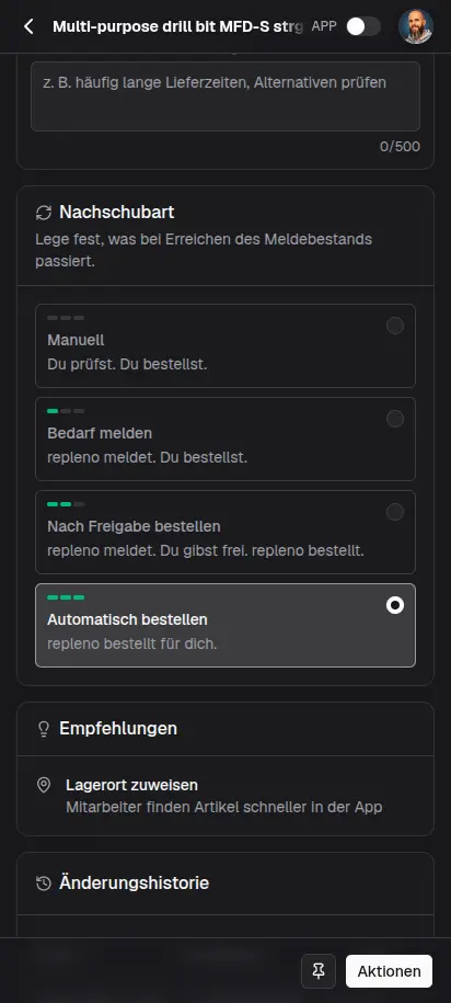 repleno App auf dem Smartphone: Nachschubart eines Artikels auf Automatisch bestellen gestellt