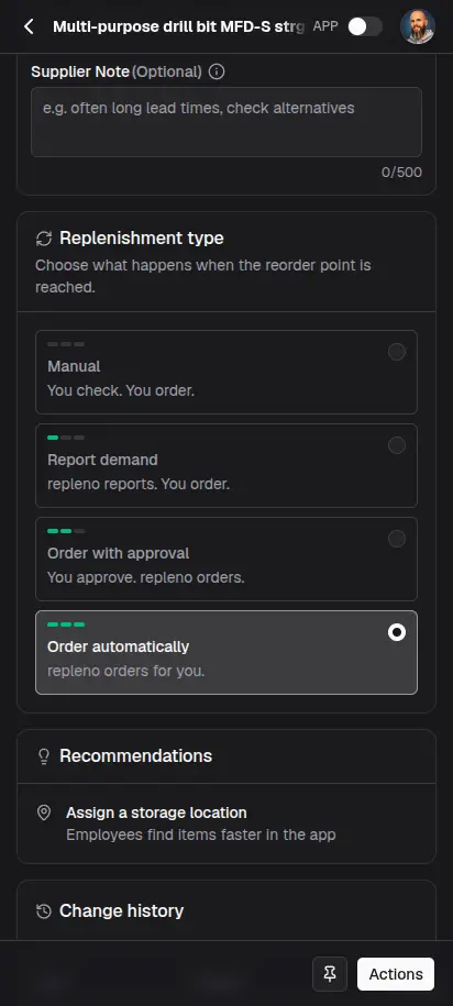 repleno app on a smartphone: an item's replenishment type set to order automatically