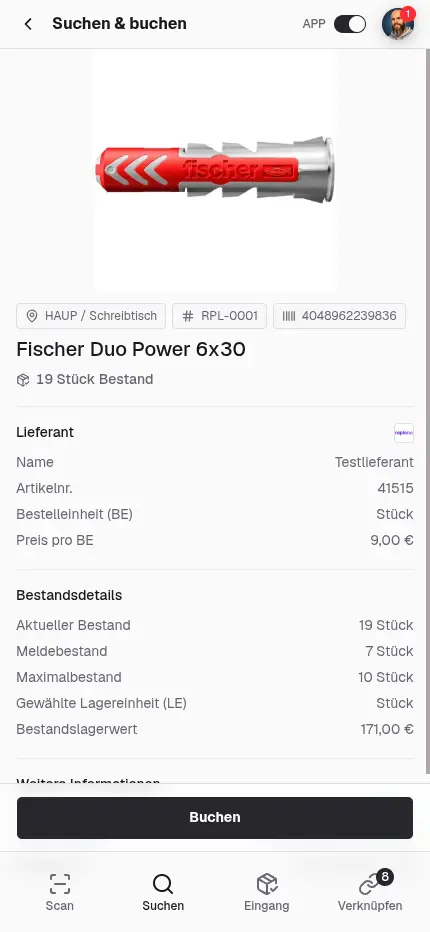 repleno App: Artikeldetail mit Bestand und Nachschub
