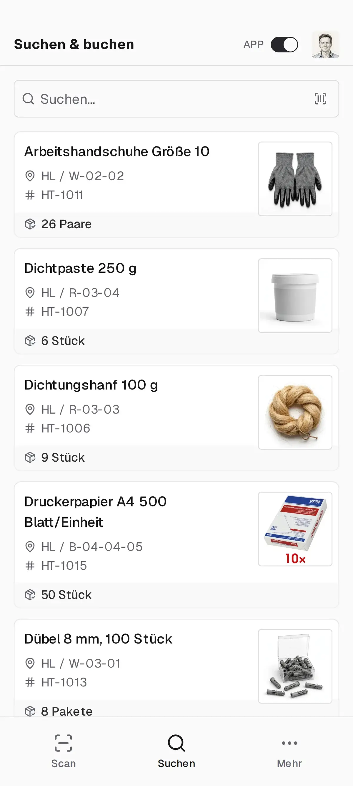 repleno Lager-App: Artikelsuche mit Bestand