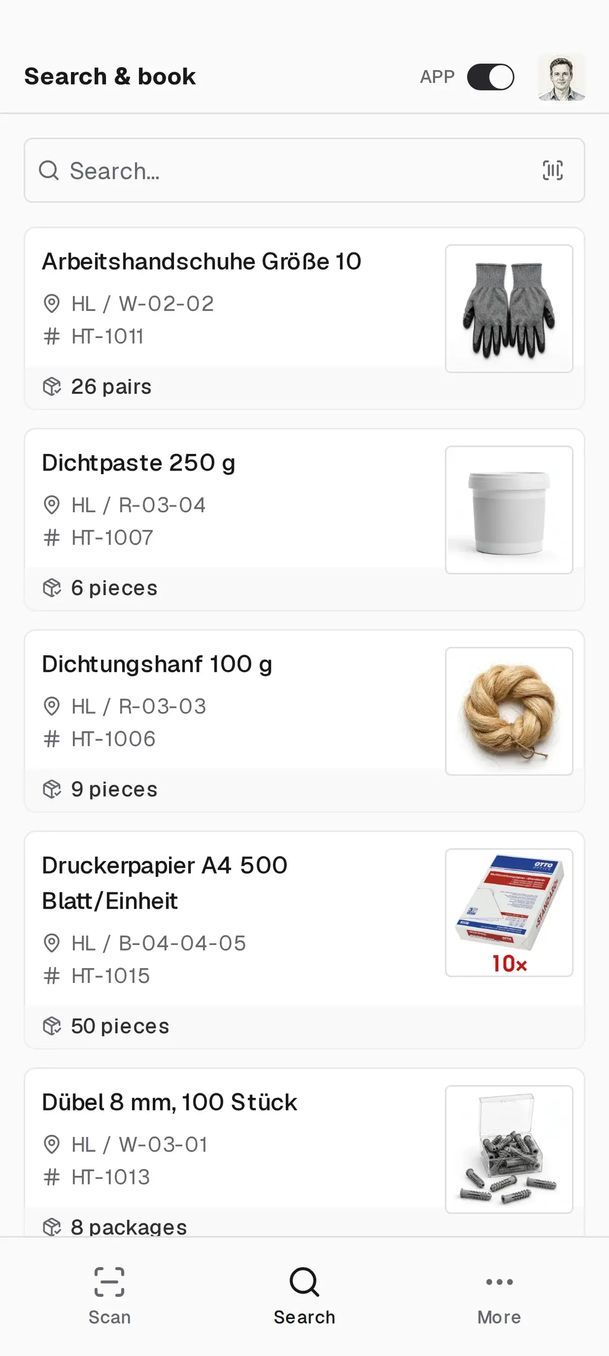 repleno warehouse app: item search with stock