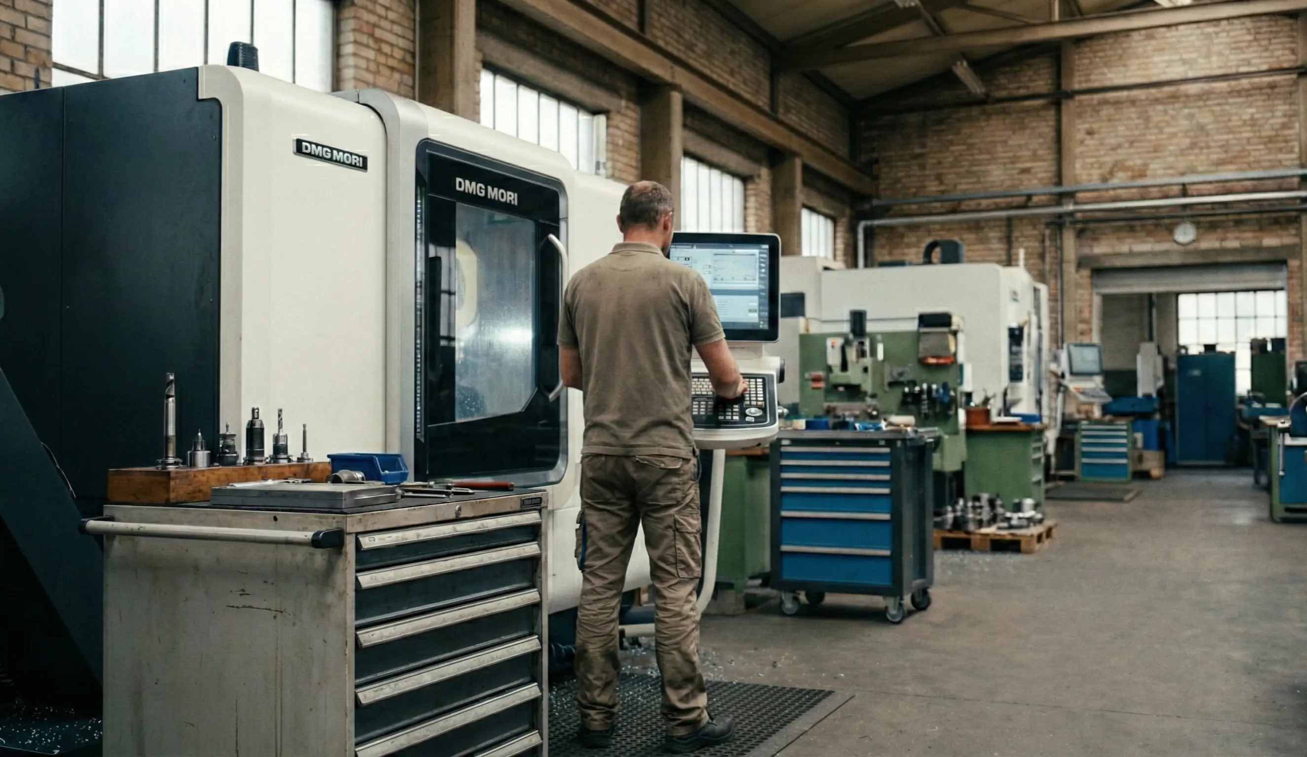 Bediener an einer CNC-Maschine im Betrieb