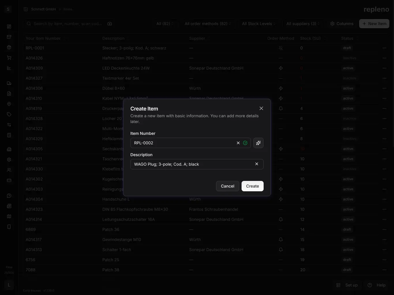 repleno mini setup — creating a new item for replenishment