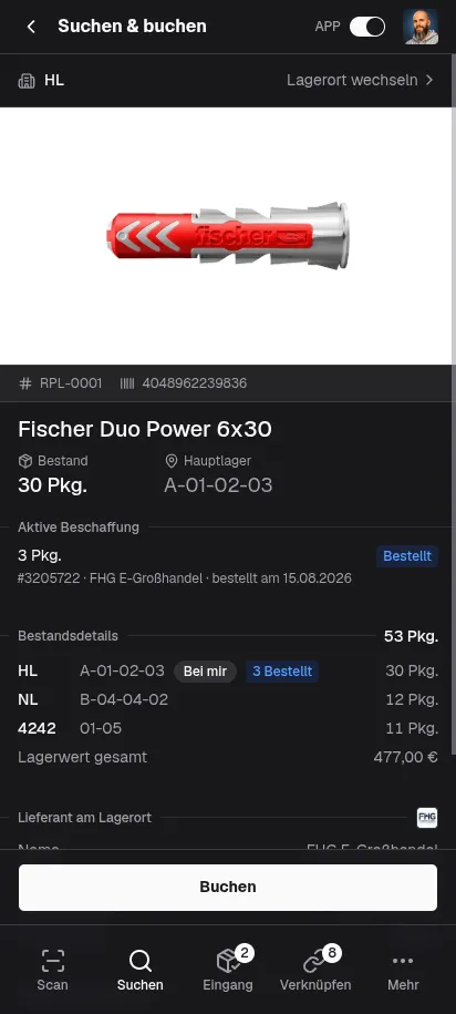 repleno App zeigt den Bestand eines Artikels je Lagerort auf dem Smartphone