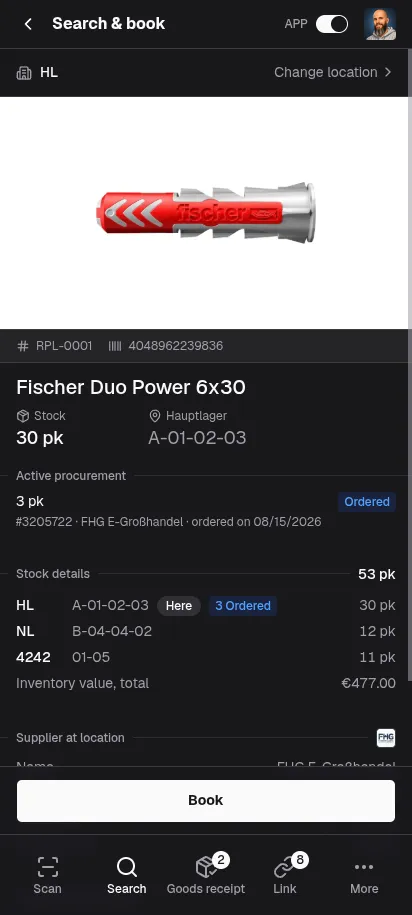repleno app showing an item's stock per location on a smartphone