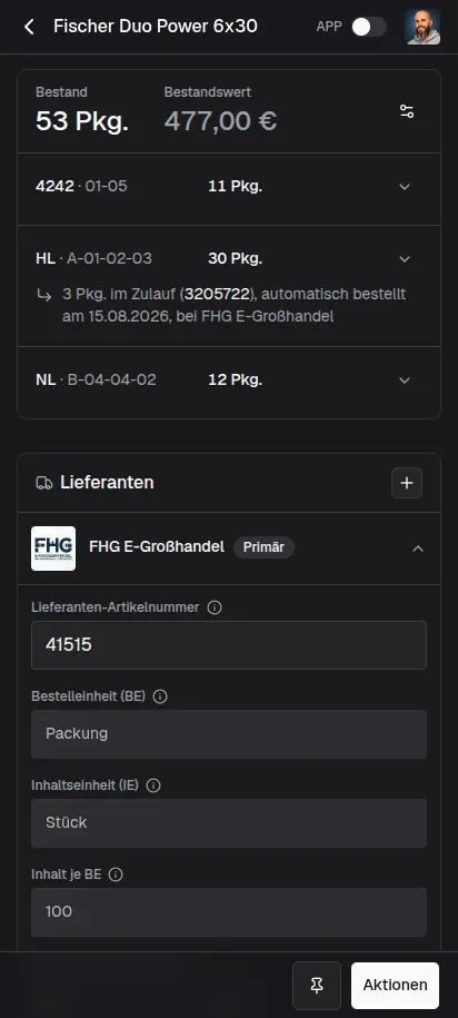 repleno App zeigt einen Artikel mit hinterlegtem Lieferanten und automatischer Nachbestellung auf dem Smartphone