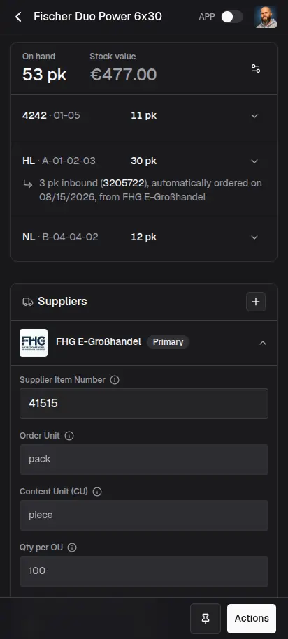repleno app showing an item with its assigned supplier and automatic reordering on a smartphone