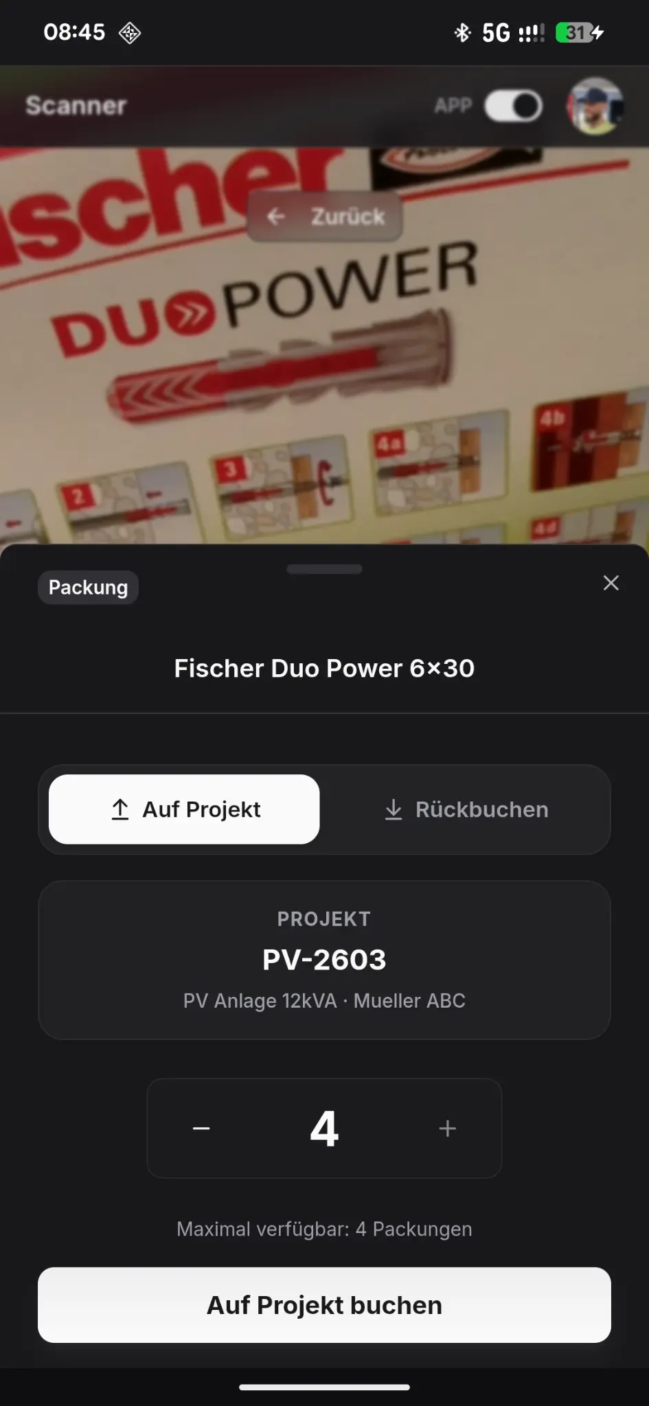 repleno App: Auf Projekt buchen