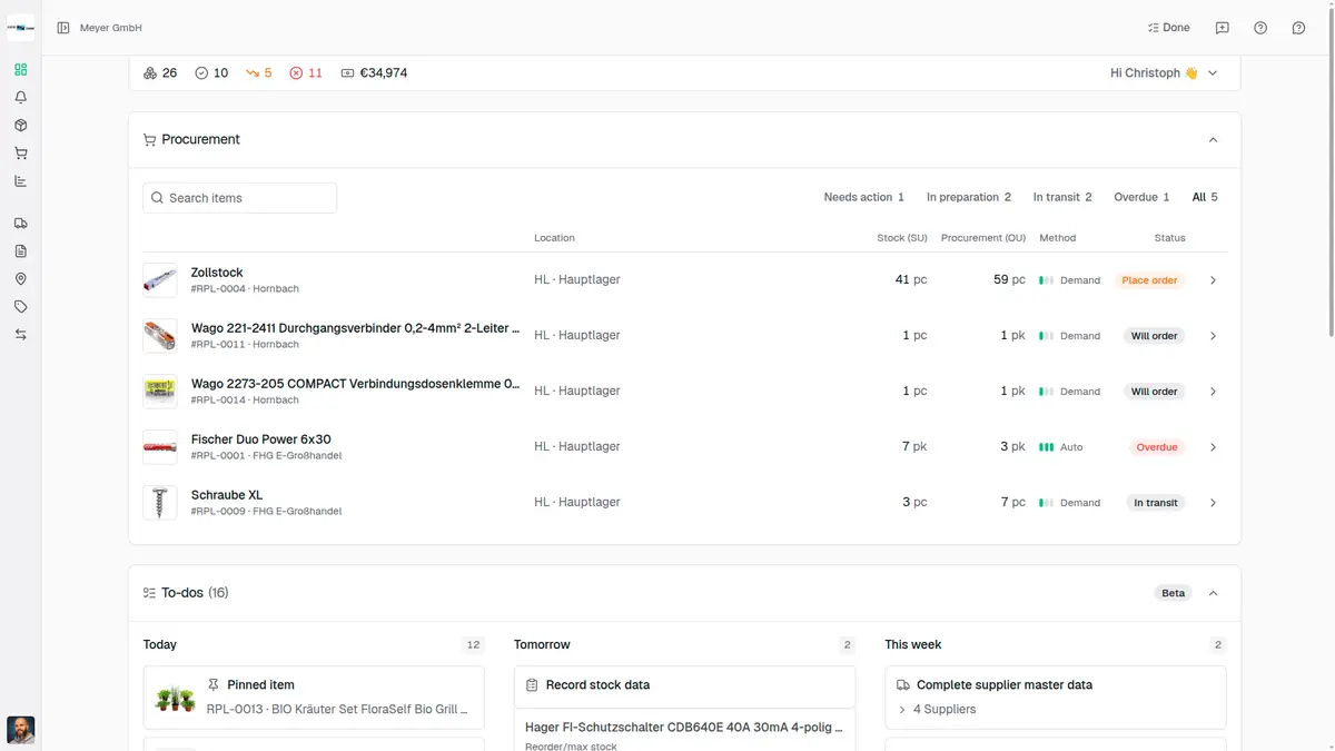 repleno dashboard with an overview of stock, items, procurement and tasks