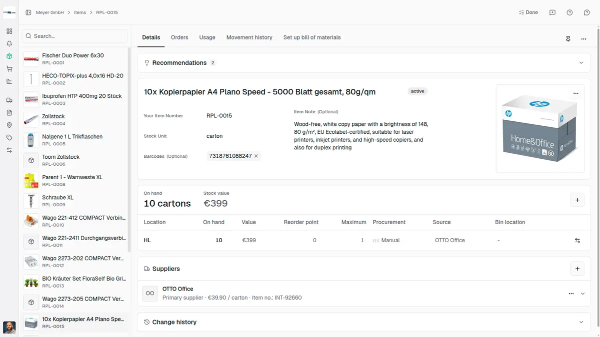 Item detail with stock, suppliers and purchase settings in repleno