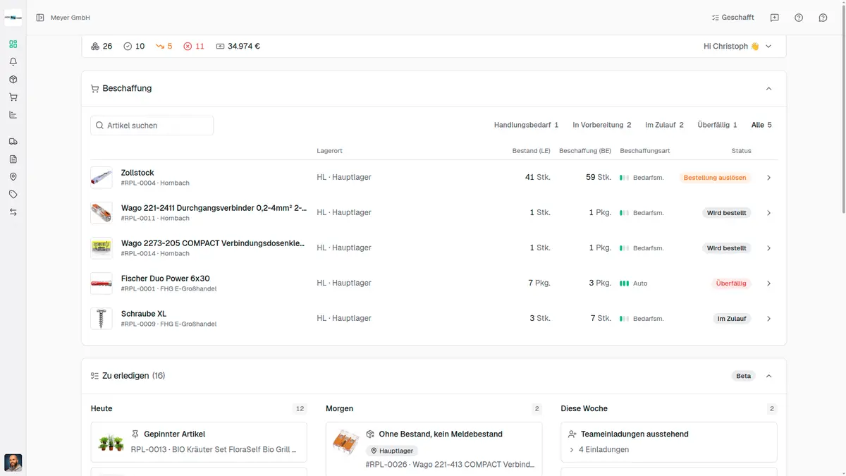 repleno Dashboard mit Überblick über Lager, Artikel, Beschaffung und Aufgaben
