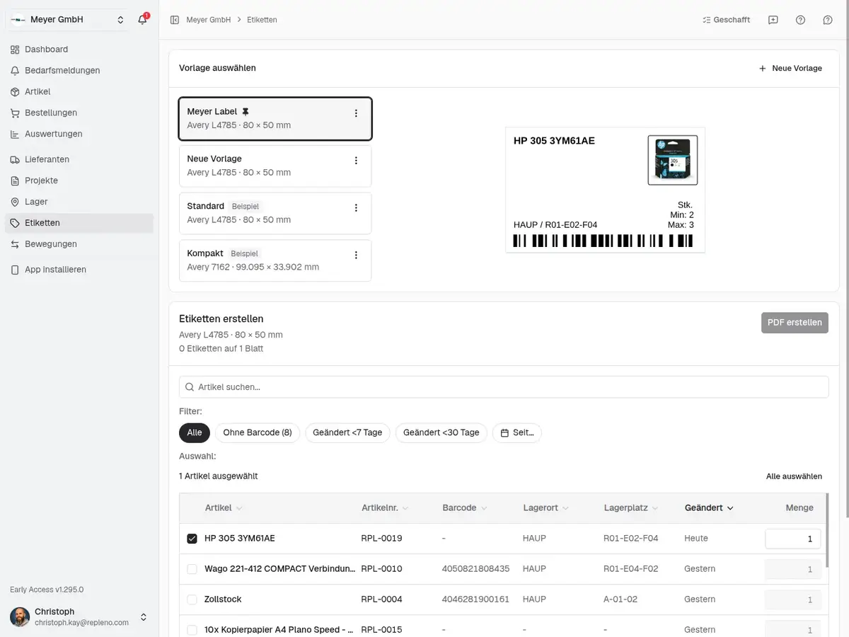 Etiketten mit Barcode und Artikelbild im repleno Label-Designer erstellen