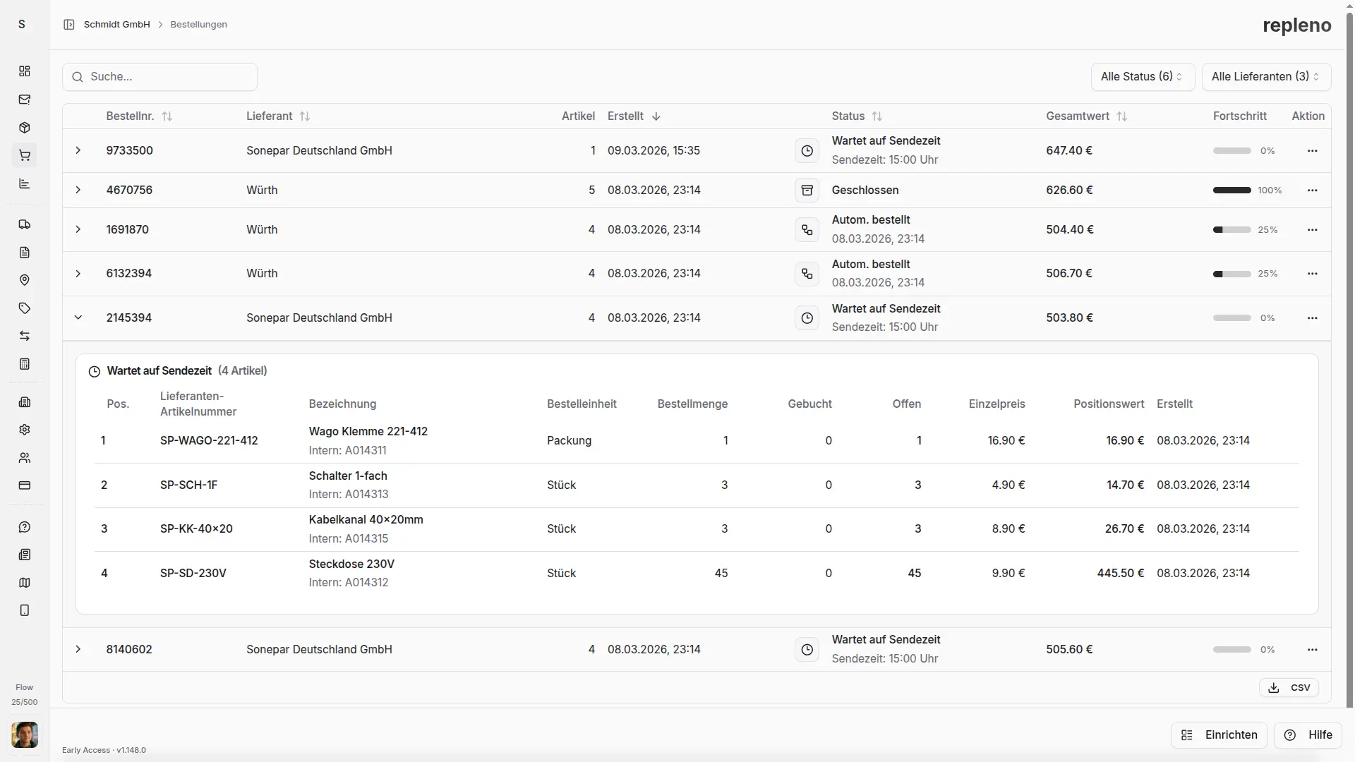 repleno Bestellübersicht mit automatischen Bestellungen an verschiedene Lieferanten