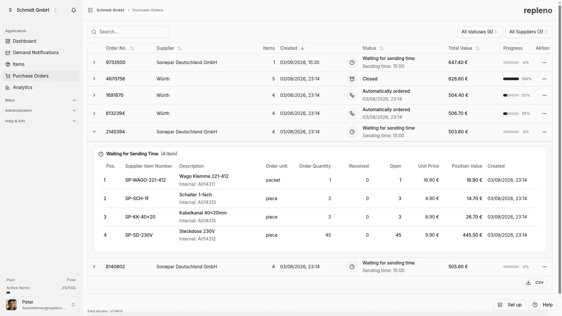 repleno order overview with automatic orders to various suppliers