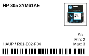 Fertiges Regaletikett aus dem repleno Label-Designer: HP 305 Druckerpatrone mit Barcode, Lagerplatz und Min-/Max-Bestand