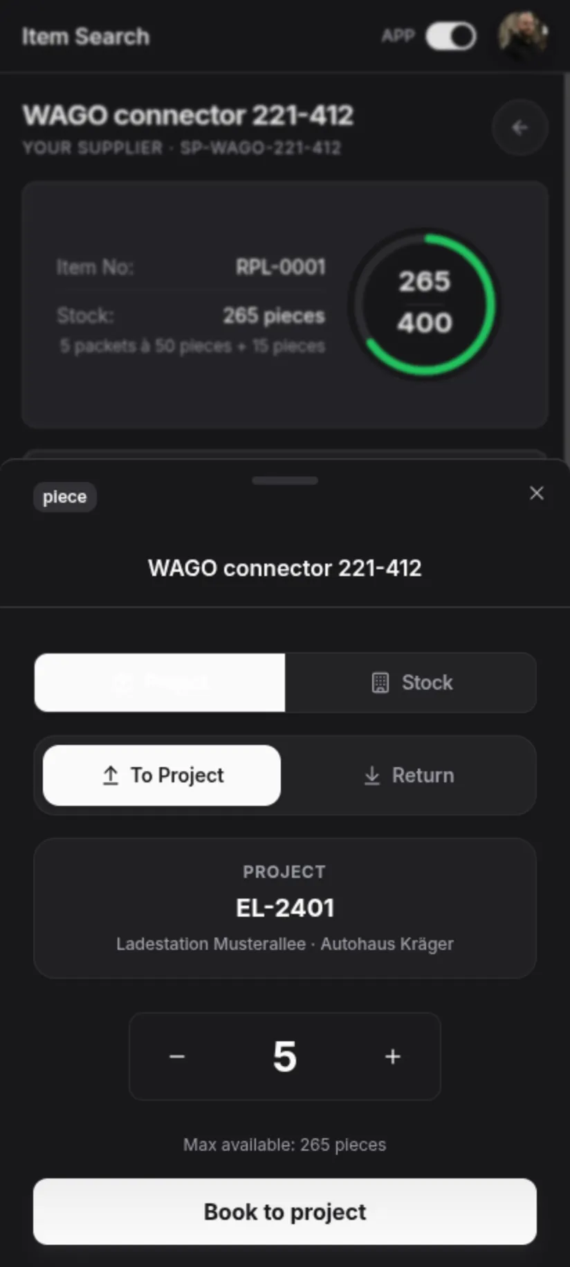 Material costs per job in the repleno app