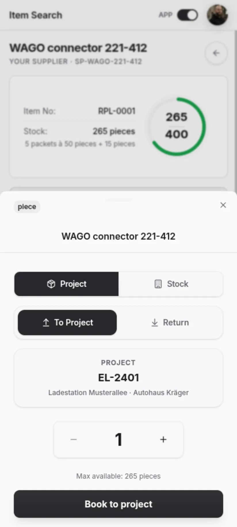 Material costs per job in the repleno app