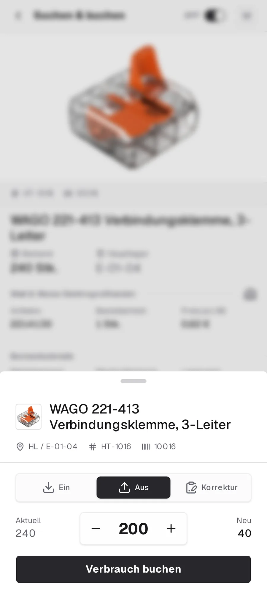 Entnahme von 200 WAGO-Klemmen in der repleno App buchen