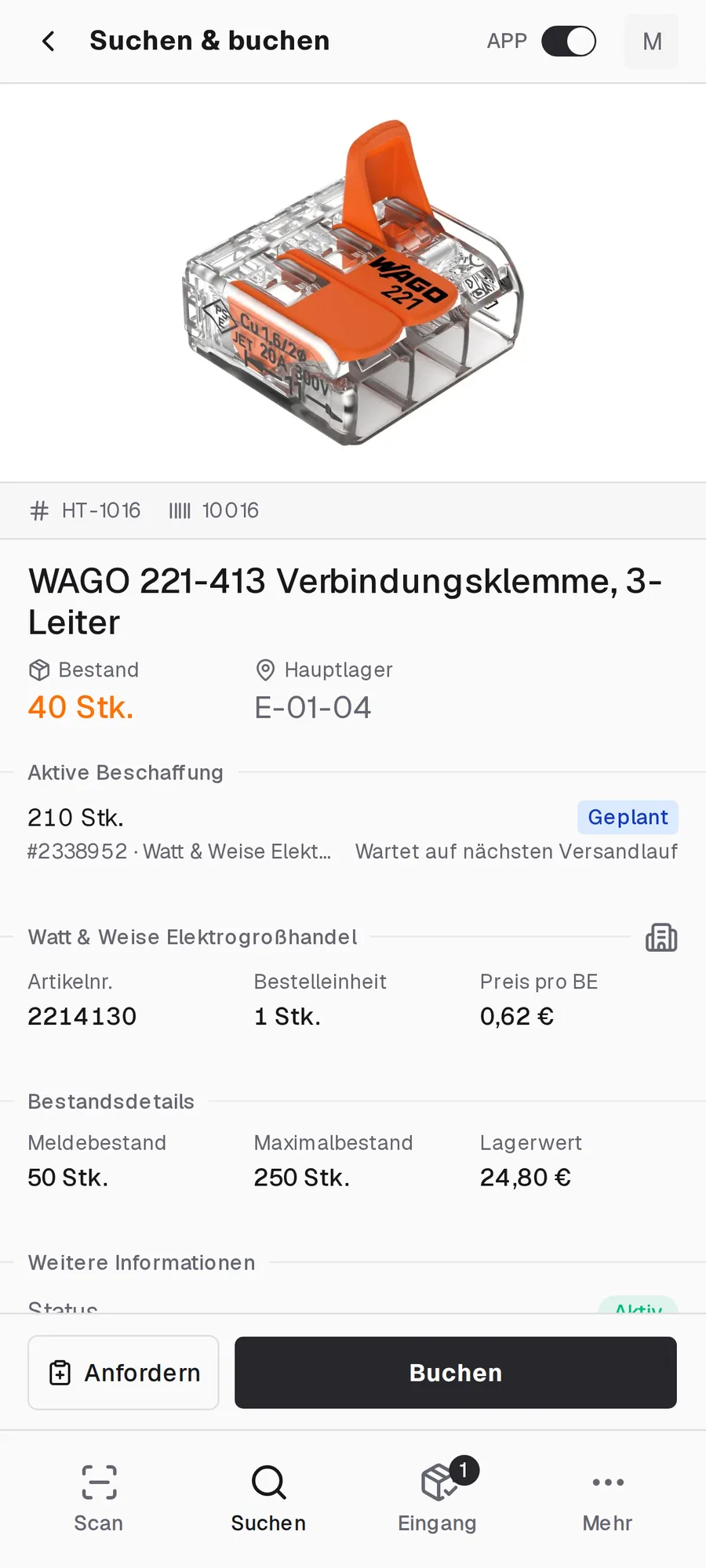 Artikeldetail in der repleno App: Bestand unter Meldebestand, Bestellung beim Lieferanten geplant