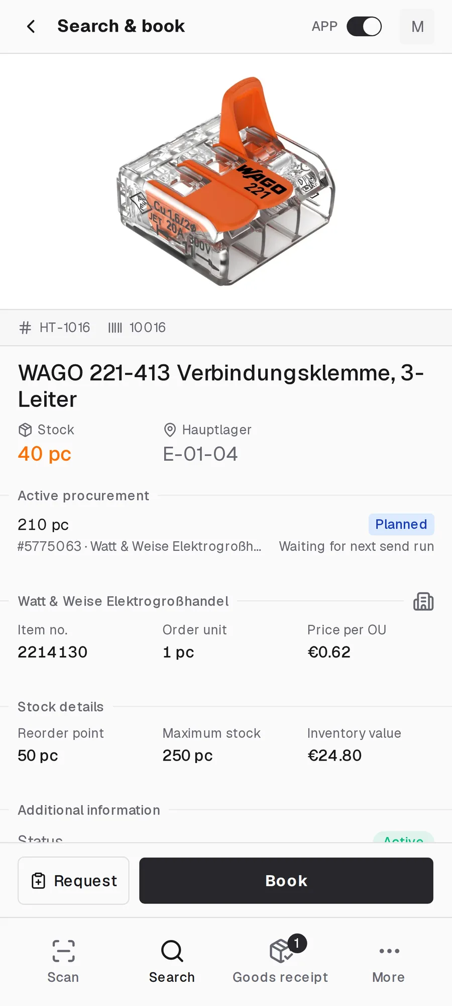 Item detail in the repleno app: stock below reorder point, order with the supplier scheduled