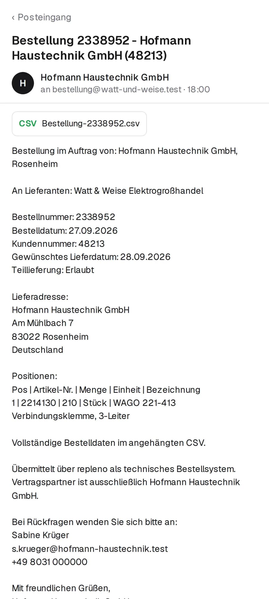 Bestellung per E-Mail an den Lieferanten mit CSV im Anhang