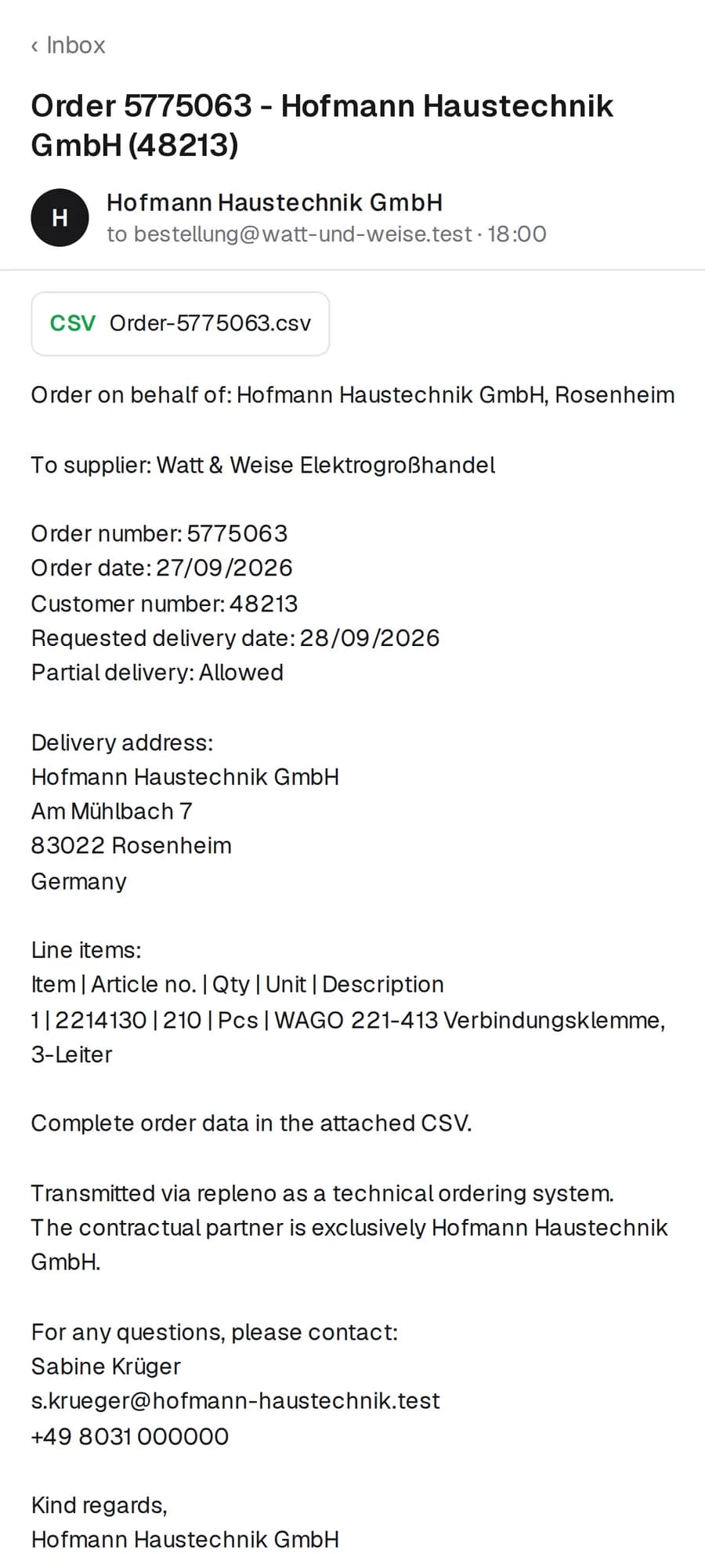 Purchase order to the supplier by email with a CSV attached
