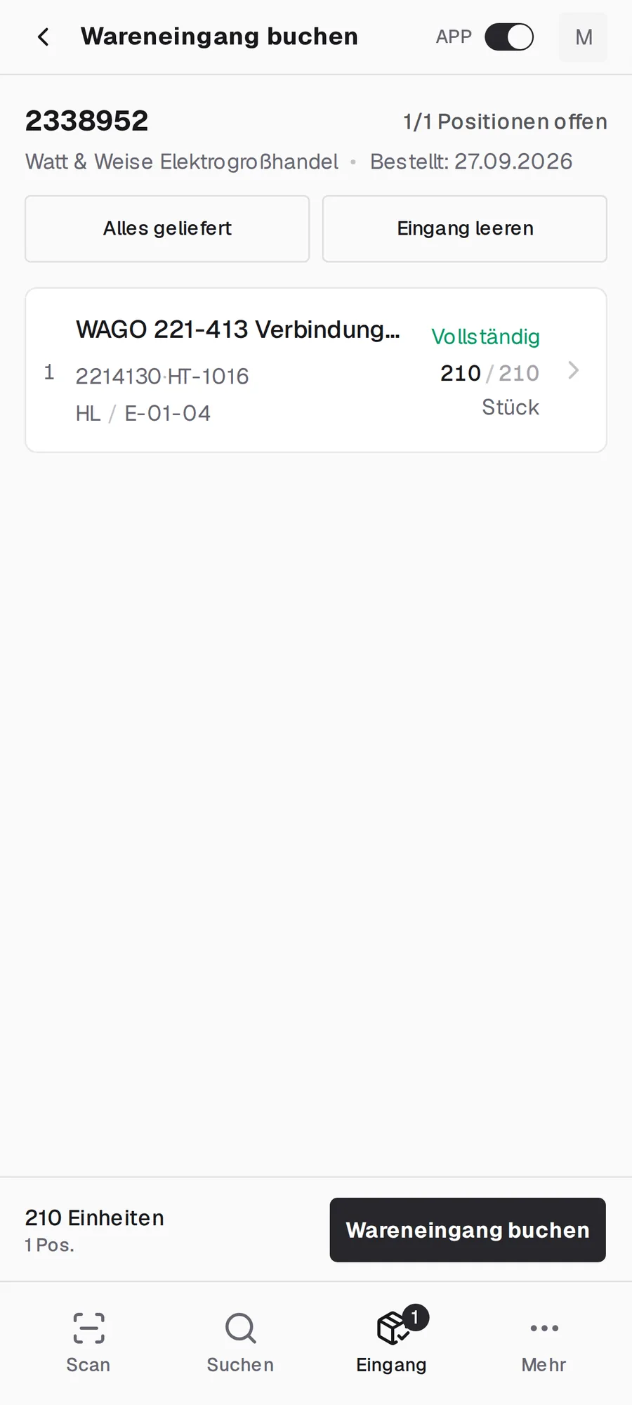 Wareneingang zur Bestellung in der repleno App buchen