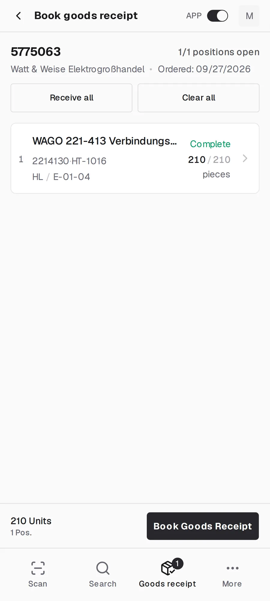 Booking the goods receipt for the order in the repleno app