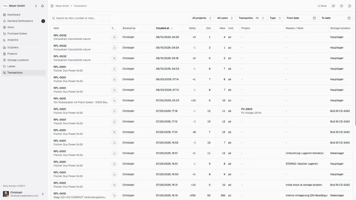 repleno transaction history