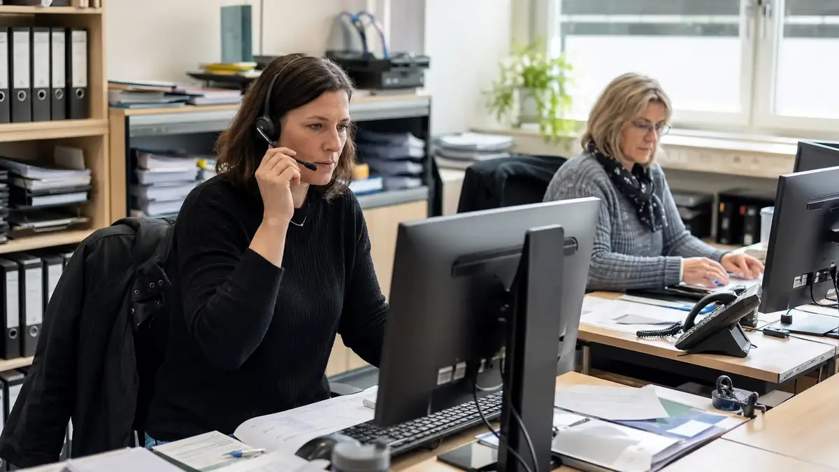 Two office team members at a wholesaler working at a desk with headset and phone