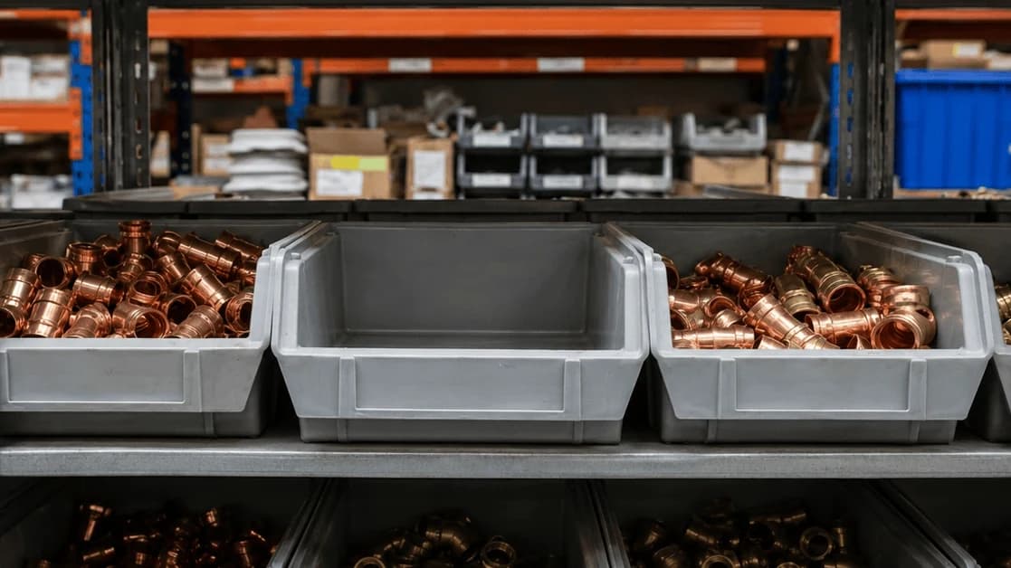 Leerer Ladungsträger zwischen gefüllten Kisten mit Fittings