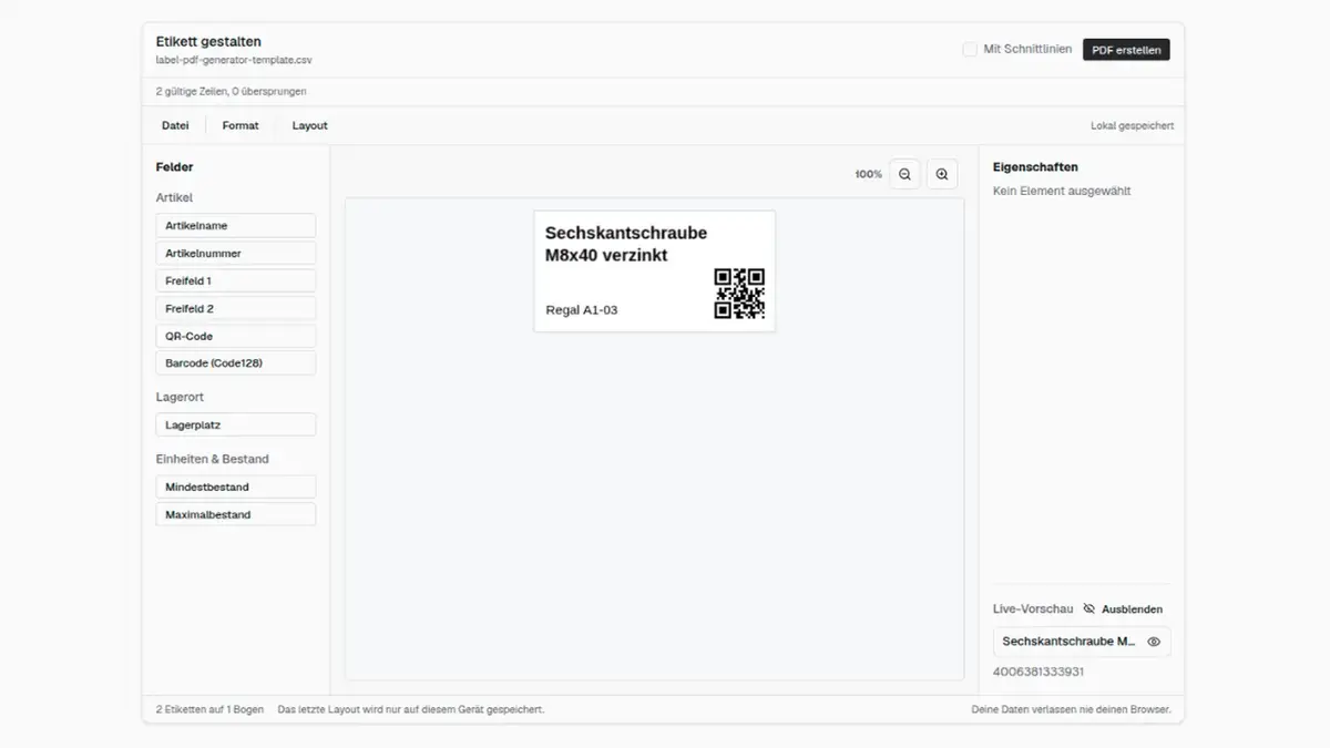 repleno Etiketten-Generator: Lageretikett mit Artikelname, Lagerplatz und QR-Code im Browser gestalten