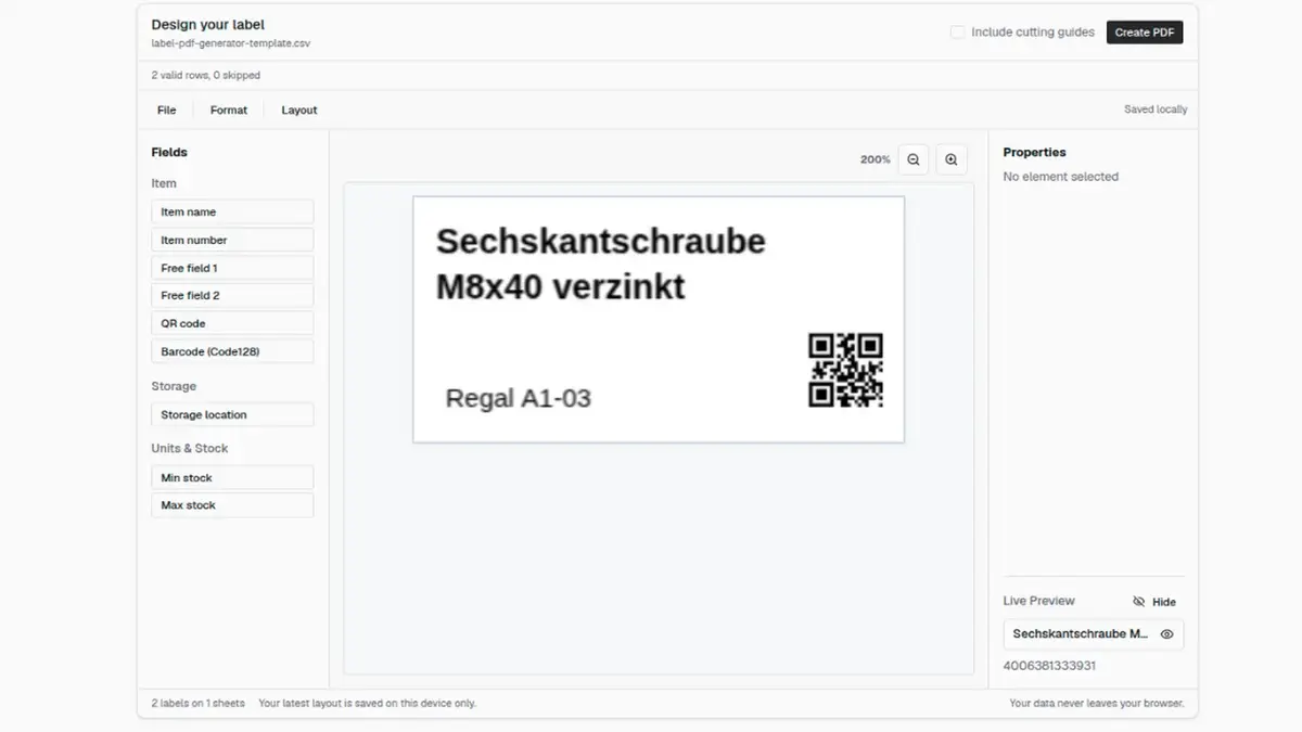 repleno label generator: designing a warehouse label with item name, storage location and QR code in the browser