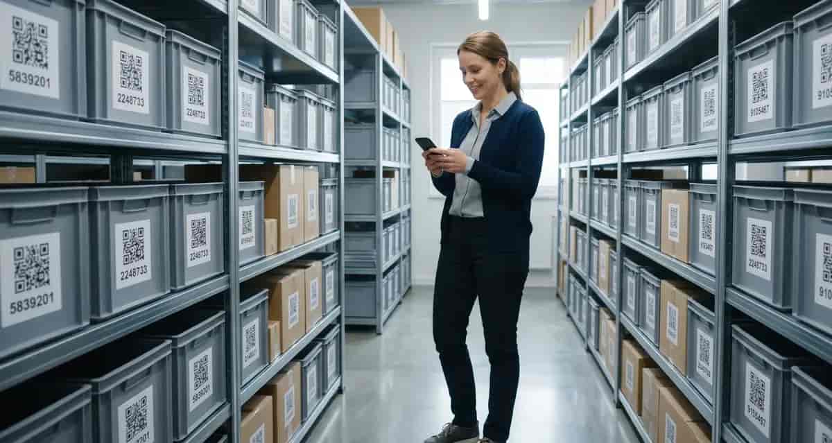 Mitarbeiter scannt Material mit Smartphone im Lager