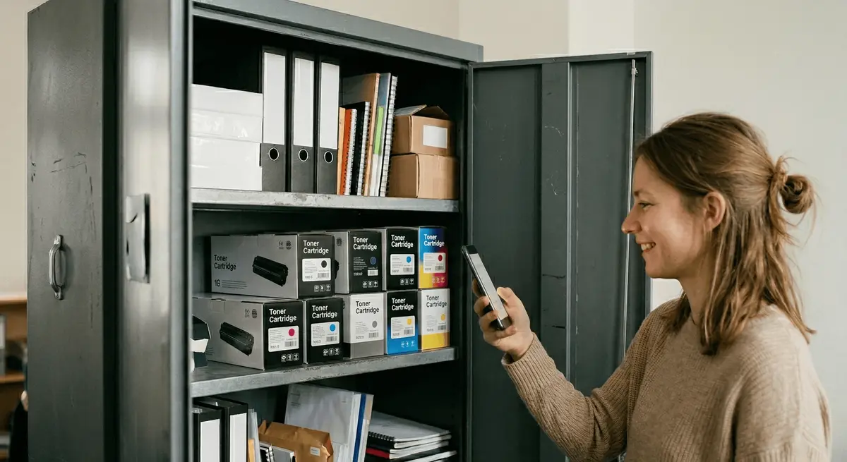 Frau blickt mit Smartphone auf einen gut gefüllten Büromaterial-Schrank