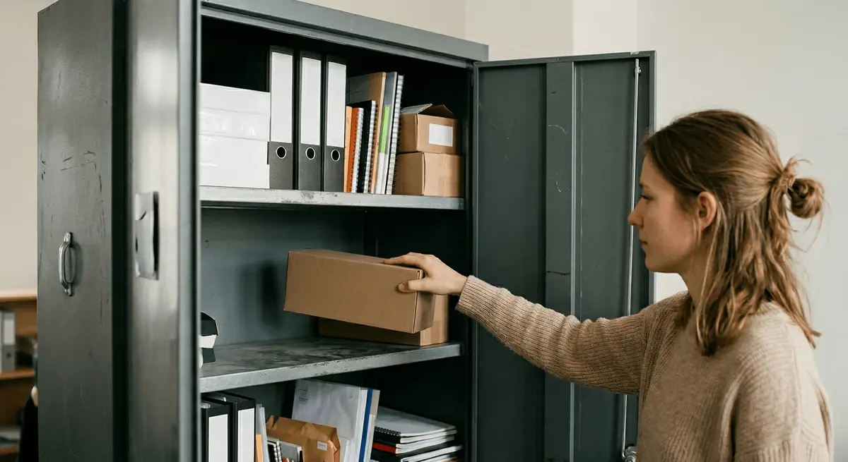 Leeres Regalfach mit Büromaterial