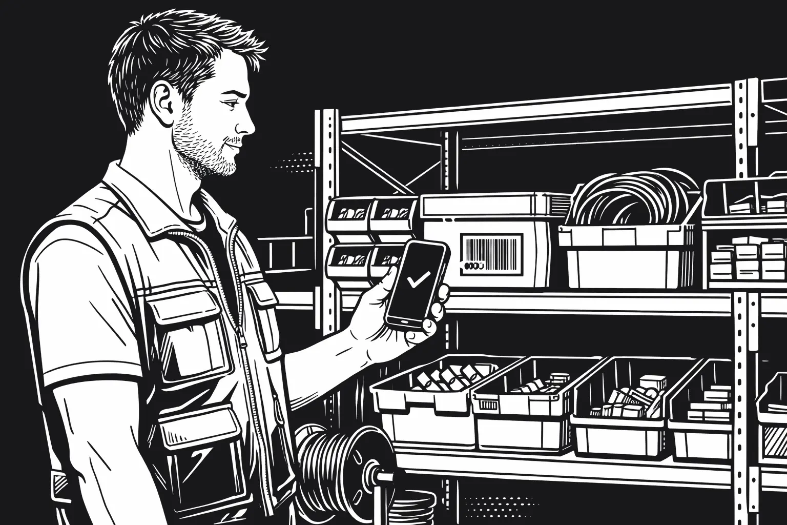 Team member routinely scanning barcode in organized warehouse - no supervision needed