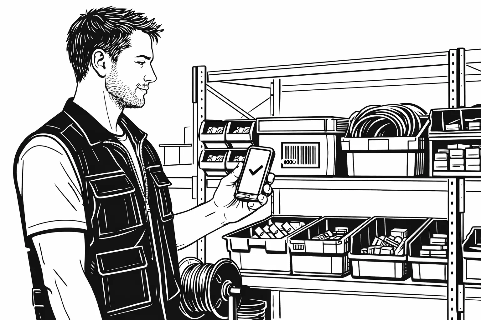 Team member routinely scanning barcode in organized warehouse - no supervision needed