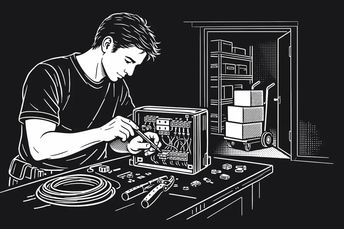 Electrician working at bench with organized storage and delivery in background