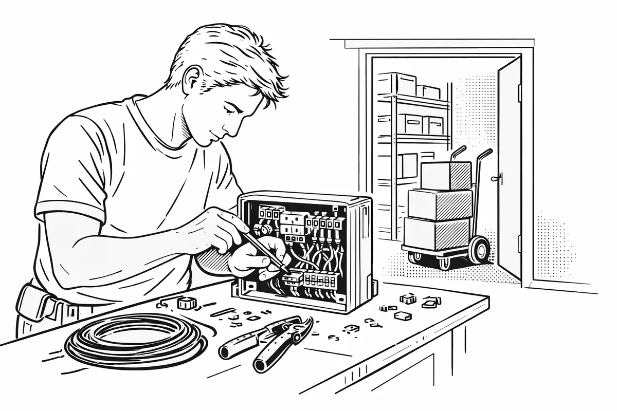 Electrician working at bench with organized storage and delivery in background