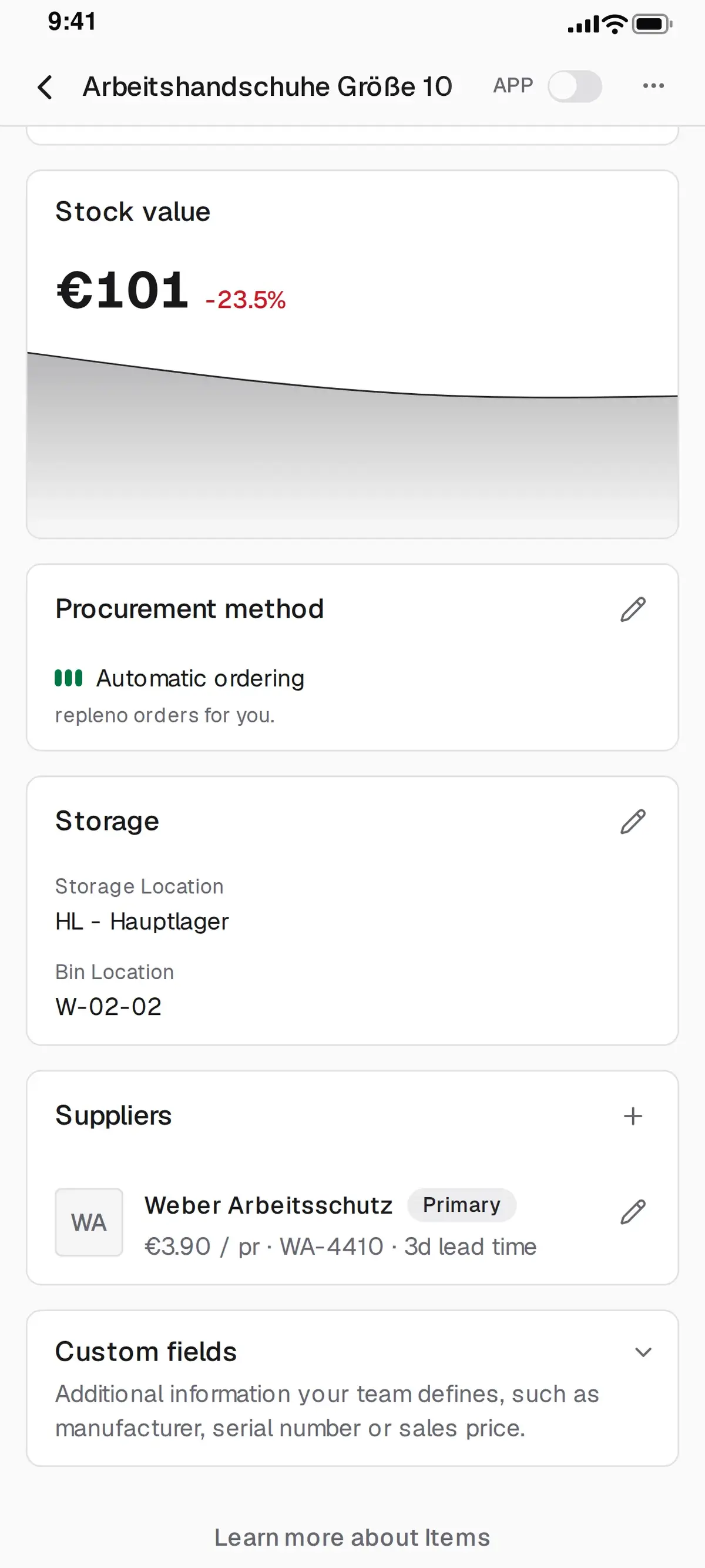 Item detail in repleno with automatic ordering and the supplier Weber Arbeitsschutz