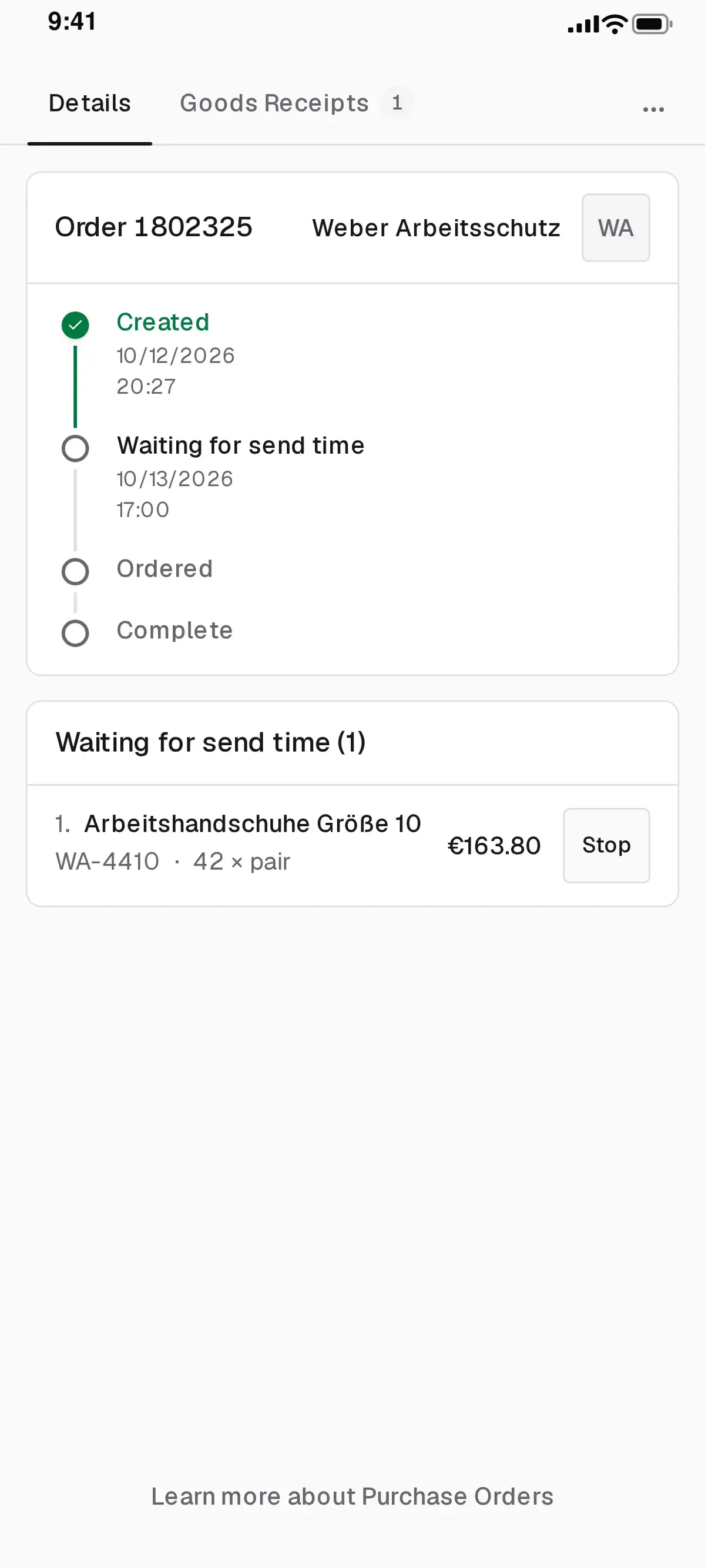 repleno purchase order for 42 pairs of work gloves, waiting for the send time