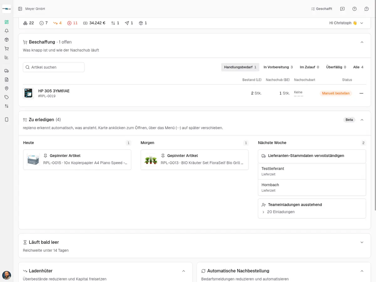 repleno Dashboard: Bestand und Nachschub auf einen Blick