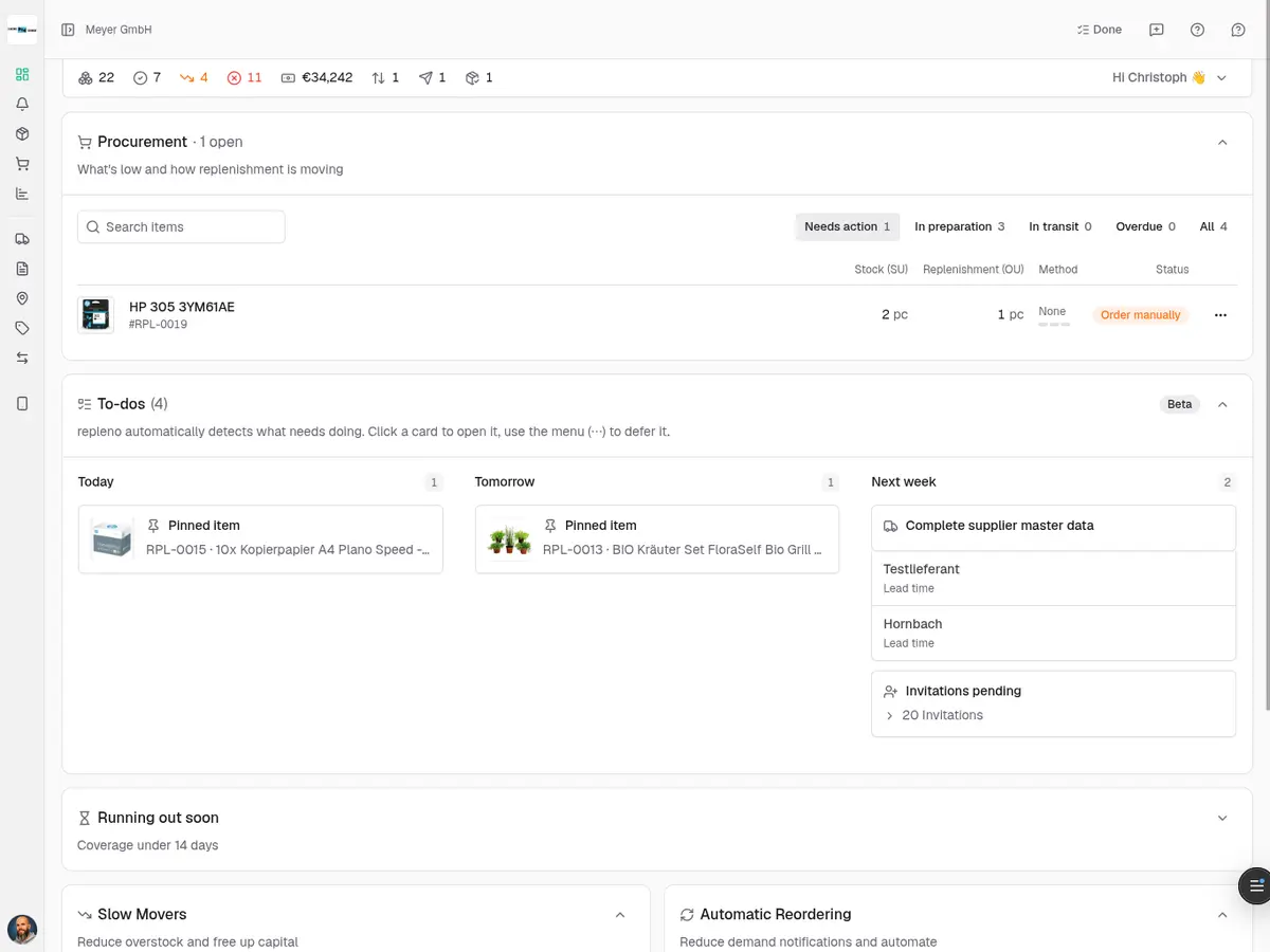 repleno dashboard: stock and replenishment at a glance