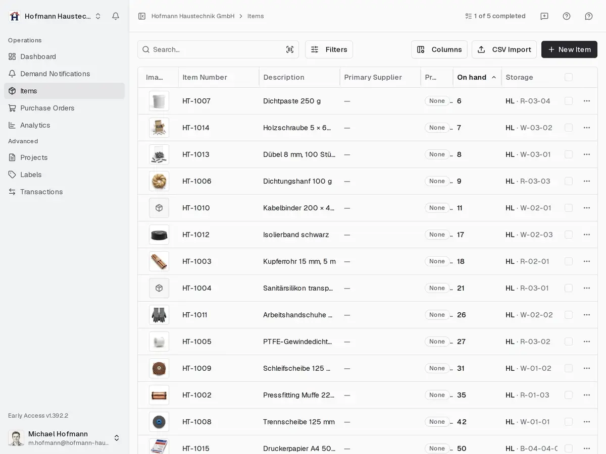 repleno on the PC: item list with stock and storage location