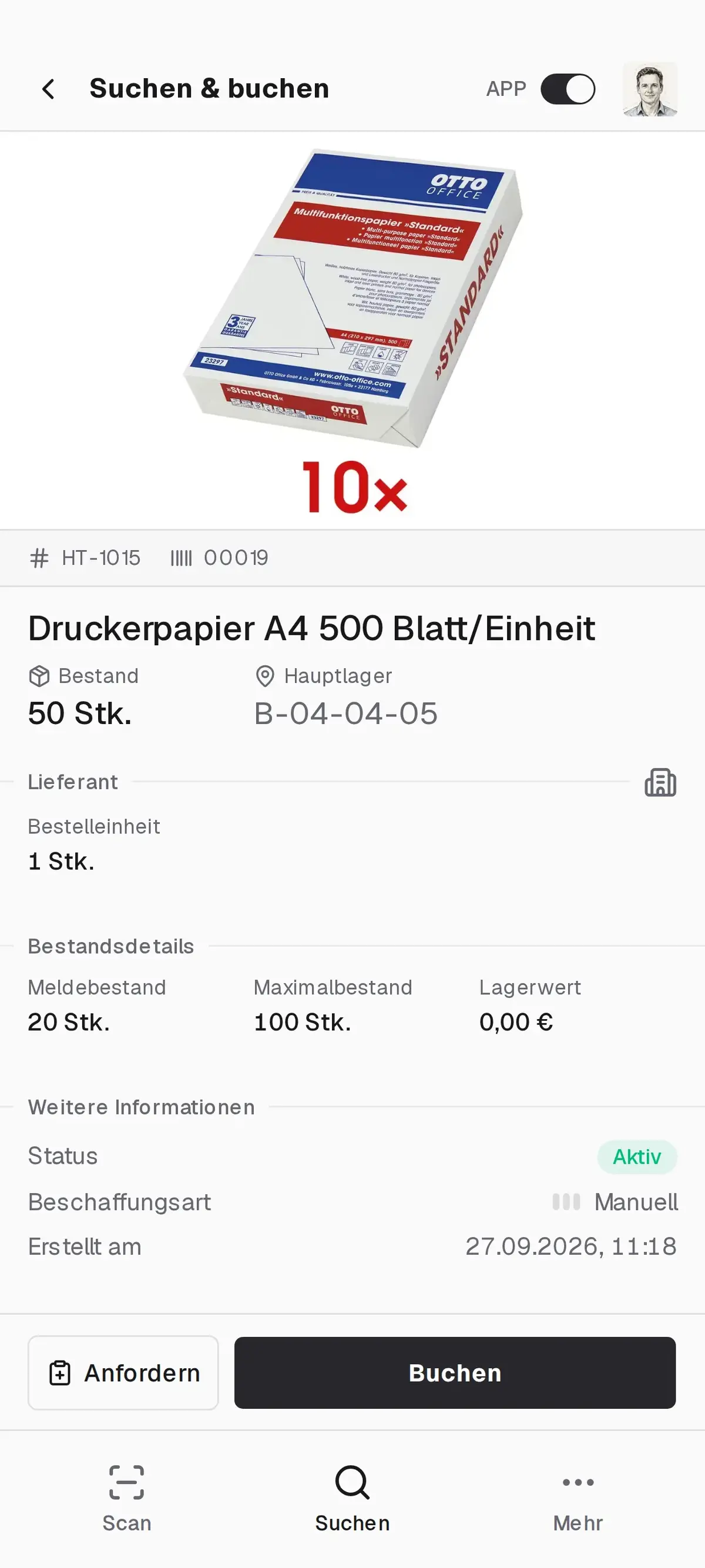 Artikel in der repleno Lager-App: Druckerpapier mit aktuellem Bestand