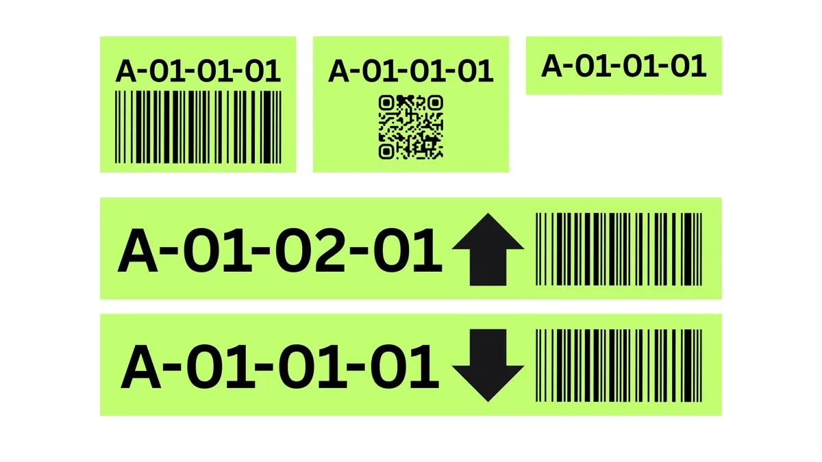 Examples of bin location labels: compact labels with barcode, QR code, or just the ID, plus wide aisle labels with a large ID and directional arrow
