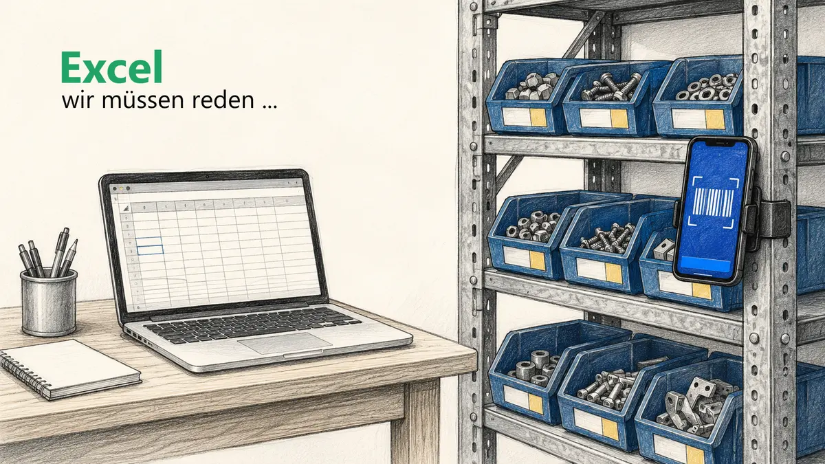 Lagerverwaltung mit Excel oder App: Laptop mit leerer Excel-Tabelle auf dem Schreibtisch neben einem Lagerregal mit blauen Sichtlagerkästen voller Schrauben und Muttern, an dem ein Smartphone den Barcode am Fach scannt